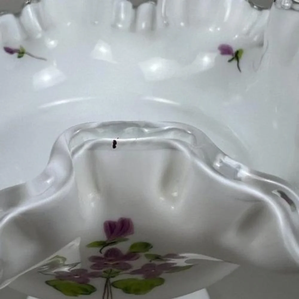 Fenton Milk Glass Violets in the Snow Ruffled Silver Crest Pedestal Compote Bowl